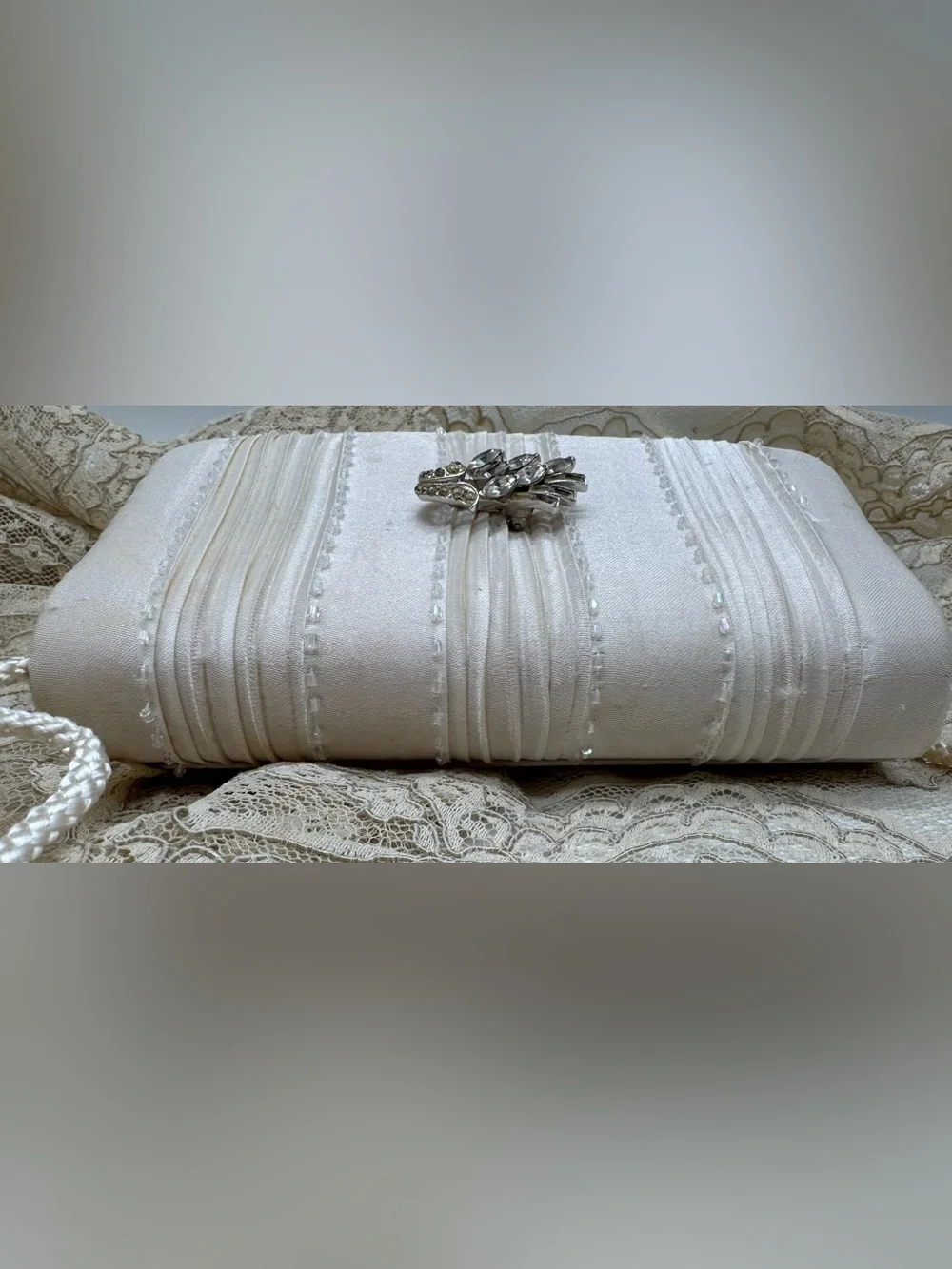 Vintage Gunne Sax Ivory Satin Beaded Mini Clutch Bridal Romantic Evening Bag